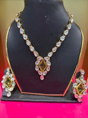 Gold-Tone Multi-Stone Teardrop Necklace & Earring Set - Pink and Clear